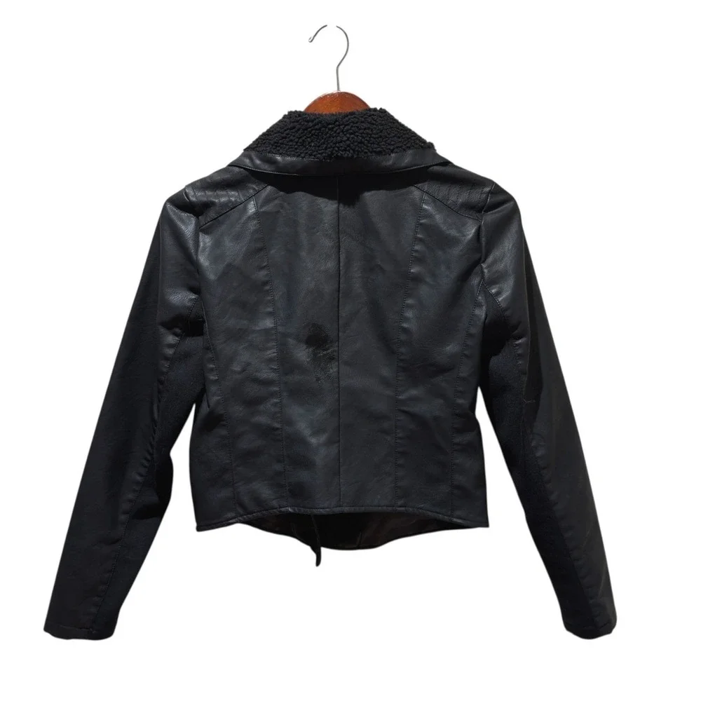 Baccini Black Faux Leather Moto Jacket Cropped Sherpa Collar Asym‎ Zip Womens S
